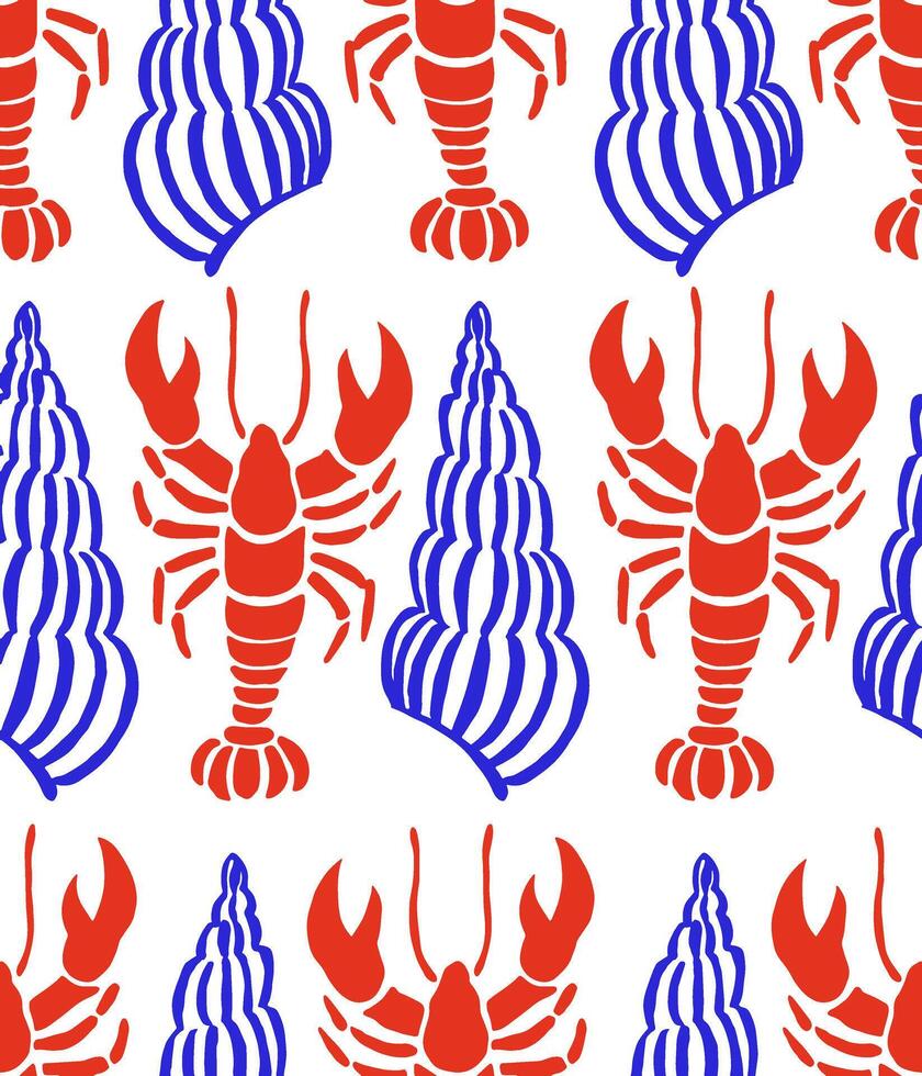 Seamless pattern with shells, lobsters. Mediterranean print vector