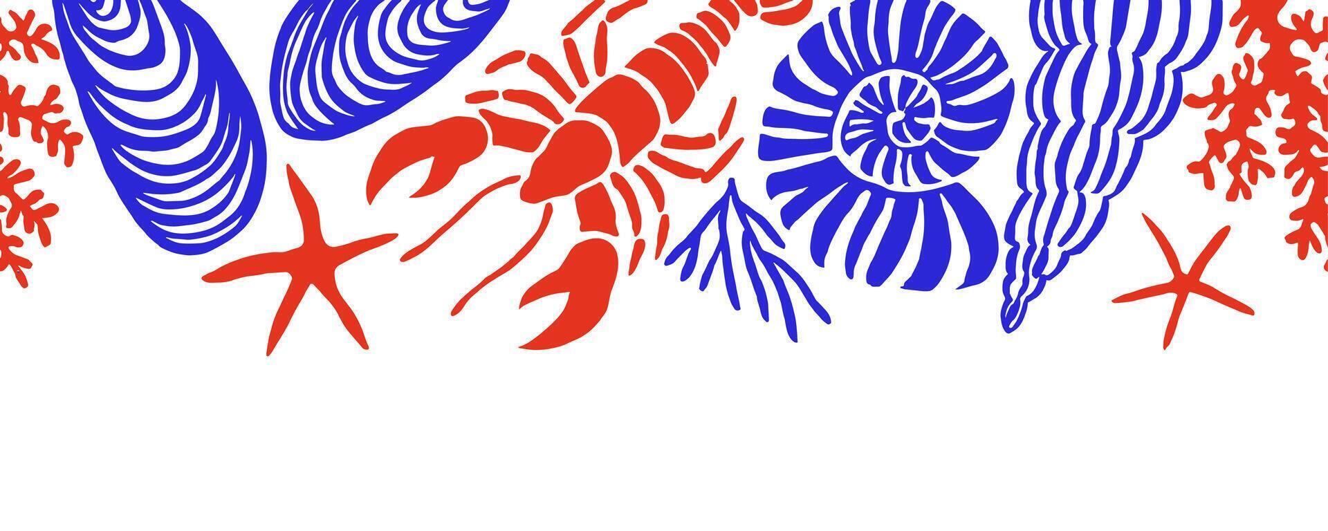 seamless border, with seashells, lobsters. mediterranean frame vector