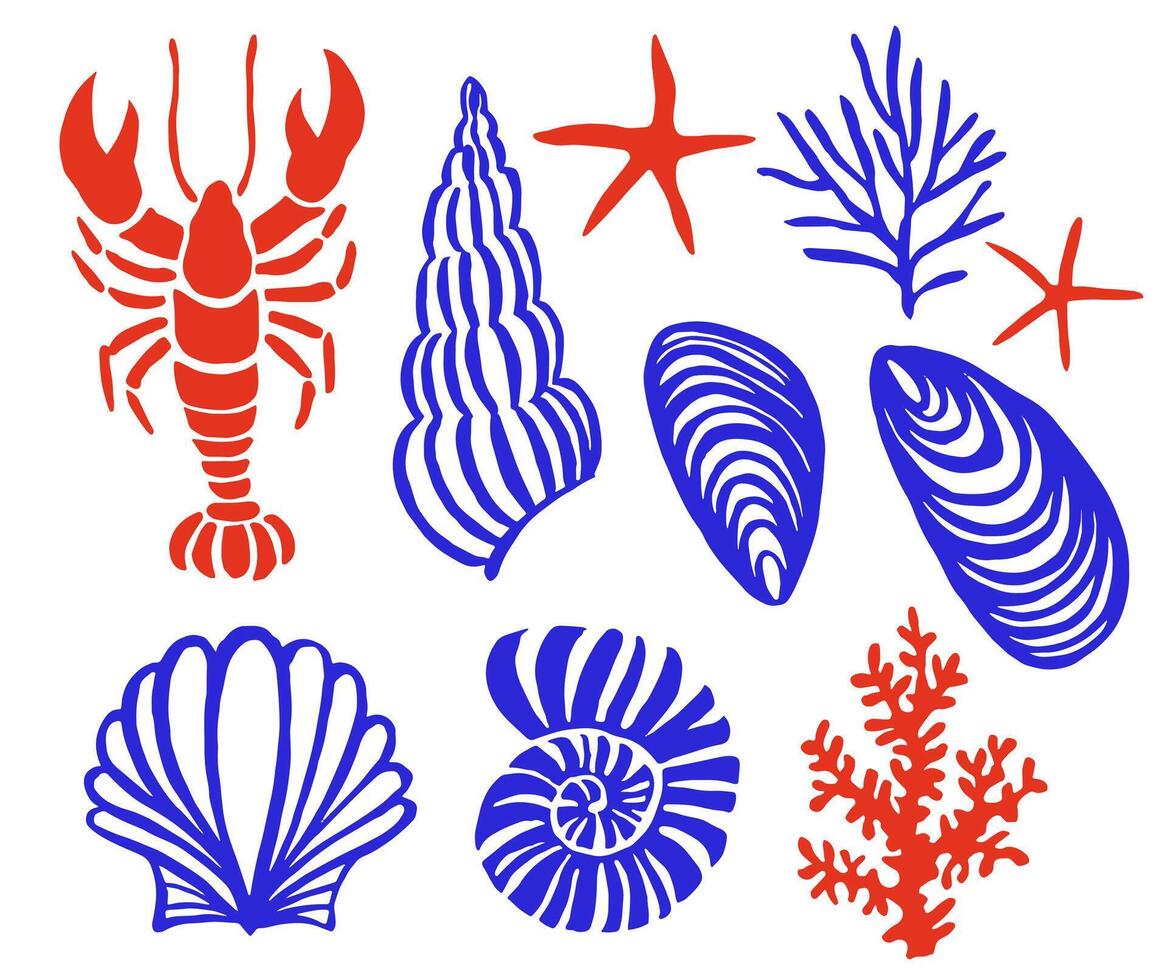 Illustration, set of sea elements. crayfish, sea shells, starfish. blue and red colors vector