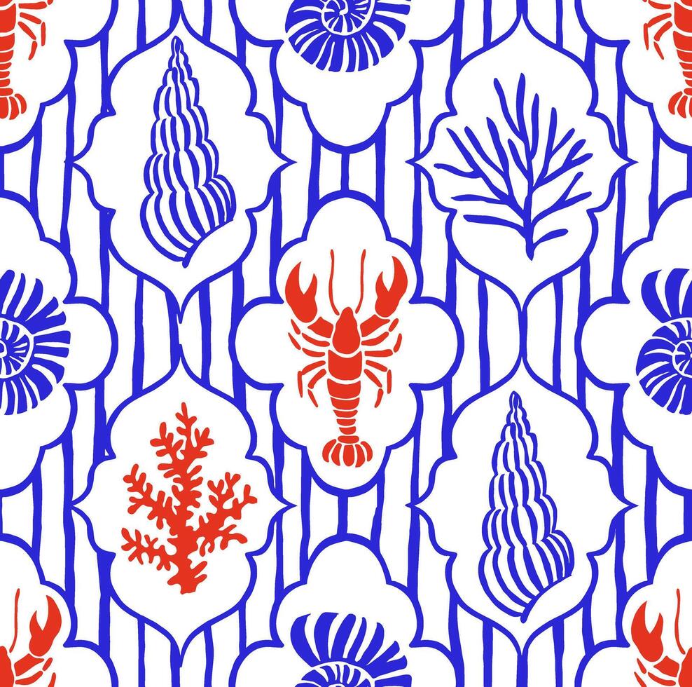vintage seamless pattern with shells, lobsters. mediterranean print vector