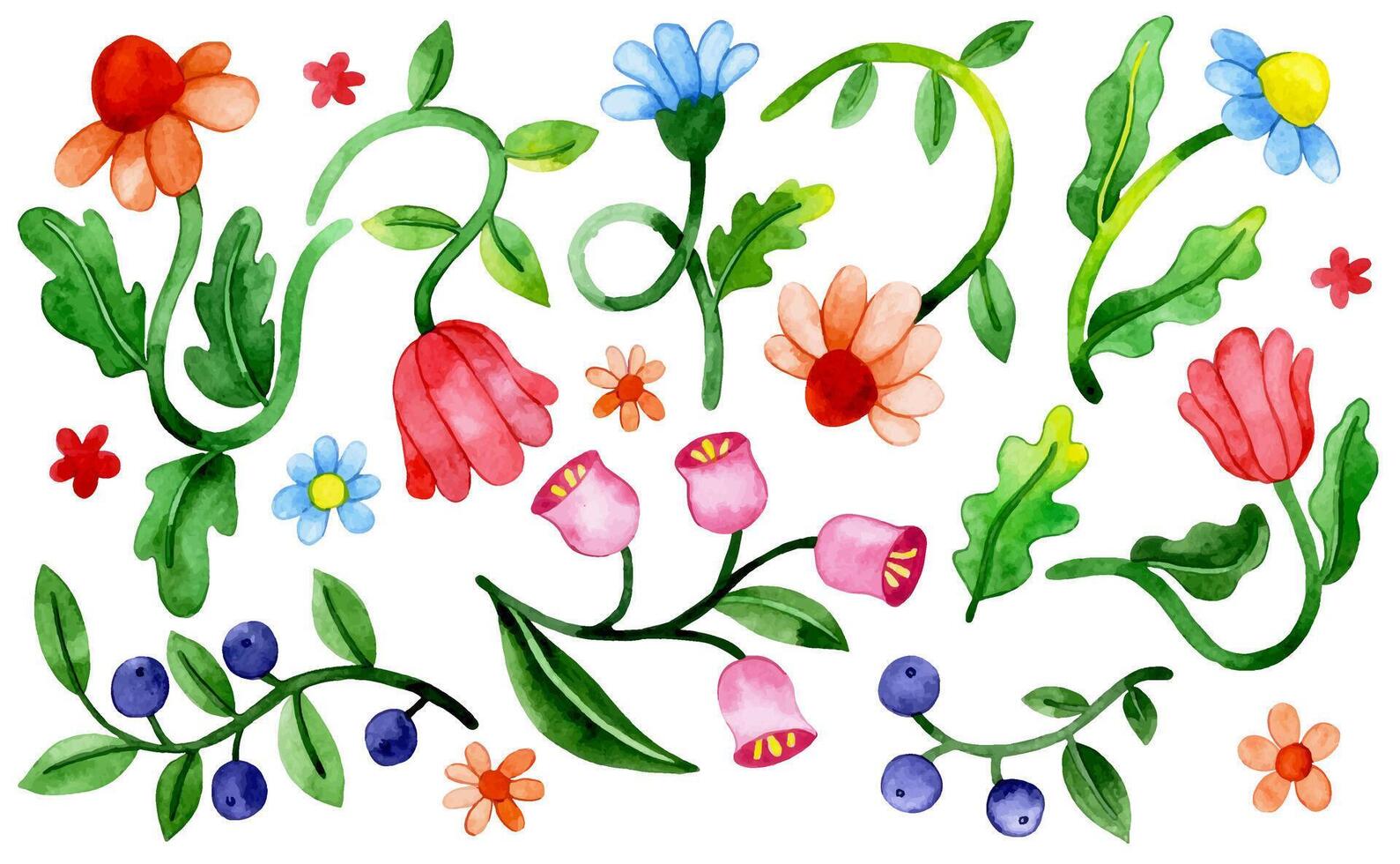 bright colorful set of watercolor flowers in retro style. vector