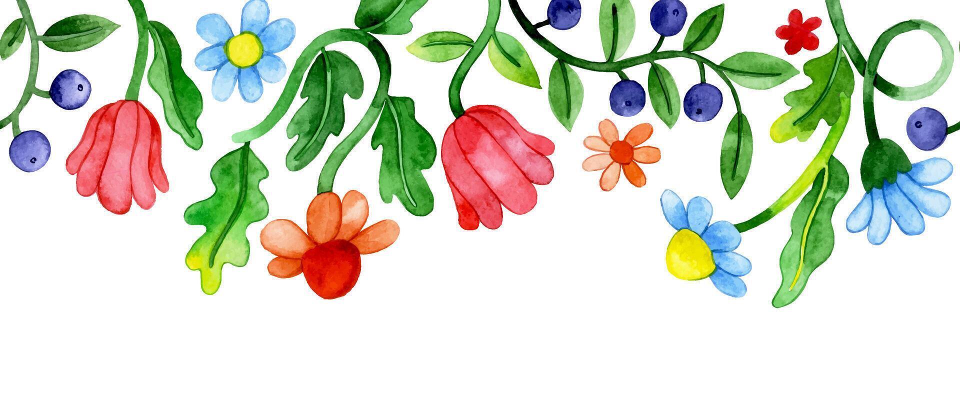 seamless frame of watercolor flowers in retro style. bright colors vector
