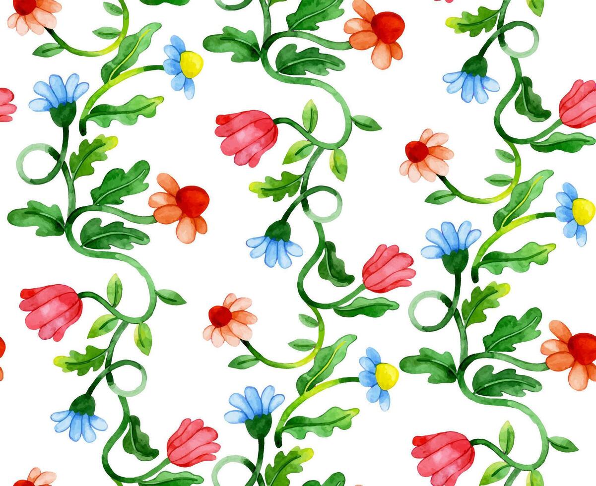 seamless pattern in bright colors of watercolor flowers in retro style vector