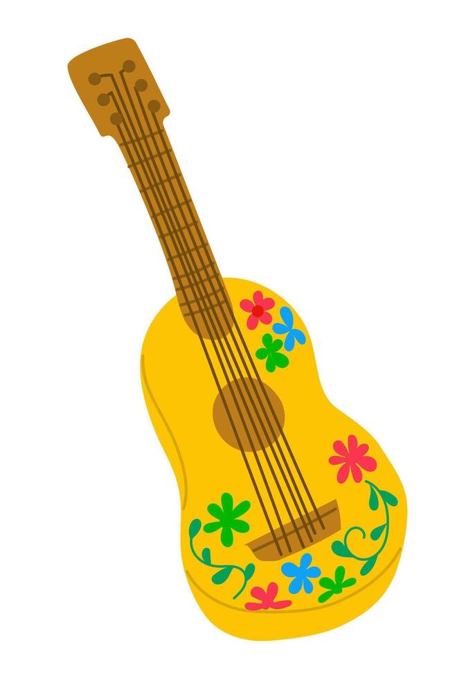 Colorful yellow guitar with floral decorations and six strings on a white background. Represents Mexican music, celebration and cultural tradition in a cheerful artistic style vector