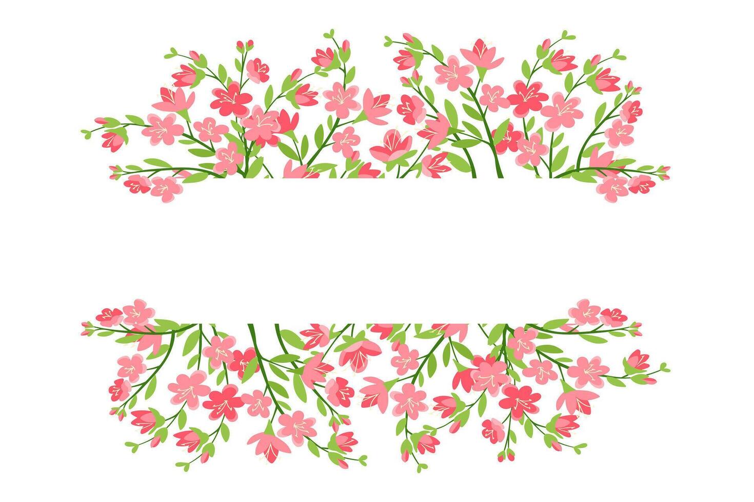 Floral banner with cherry blossom branches and pink flowers on top and bottom, leaving blank space in the center. Symbol of springtime elegance, romantic design and nature-inspired decoration vector