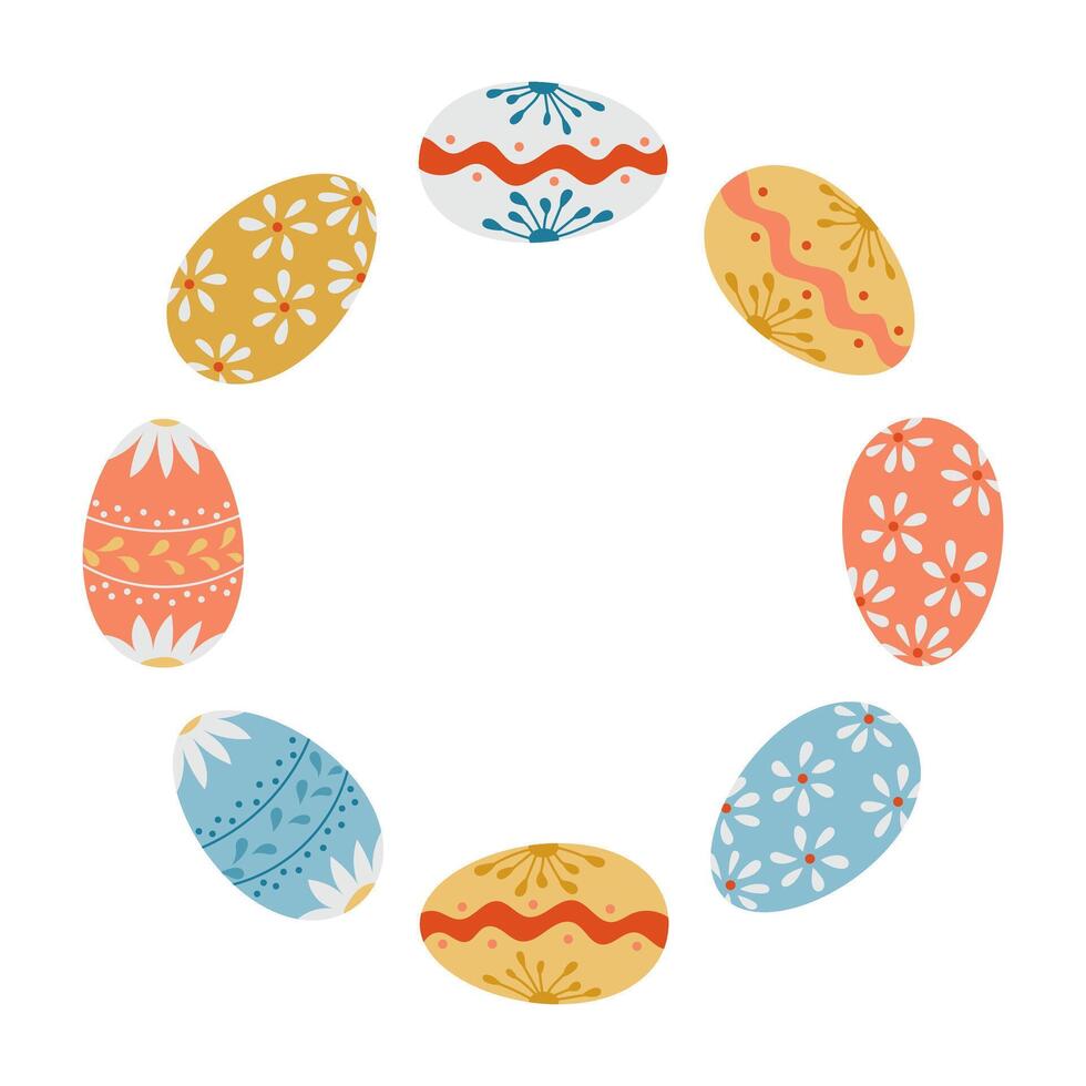 Wreath made of colorful decorated Easter eggs arranged in circular shape on white background. Symbolizes holiday joy, tradition and spring celebration with space for message or design vector