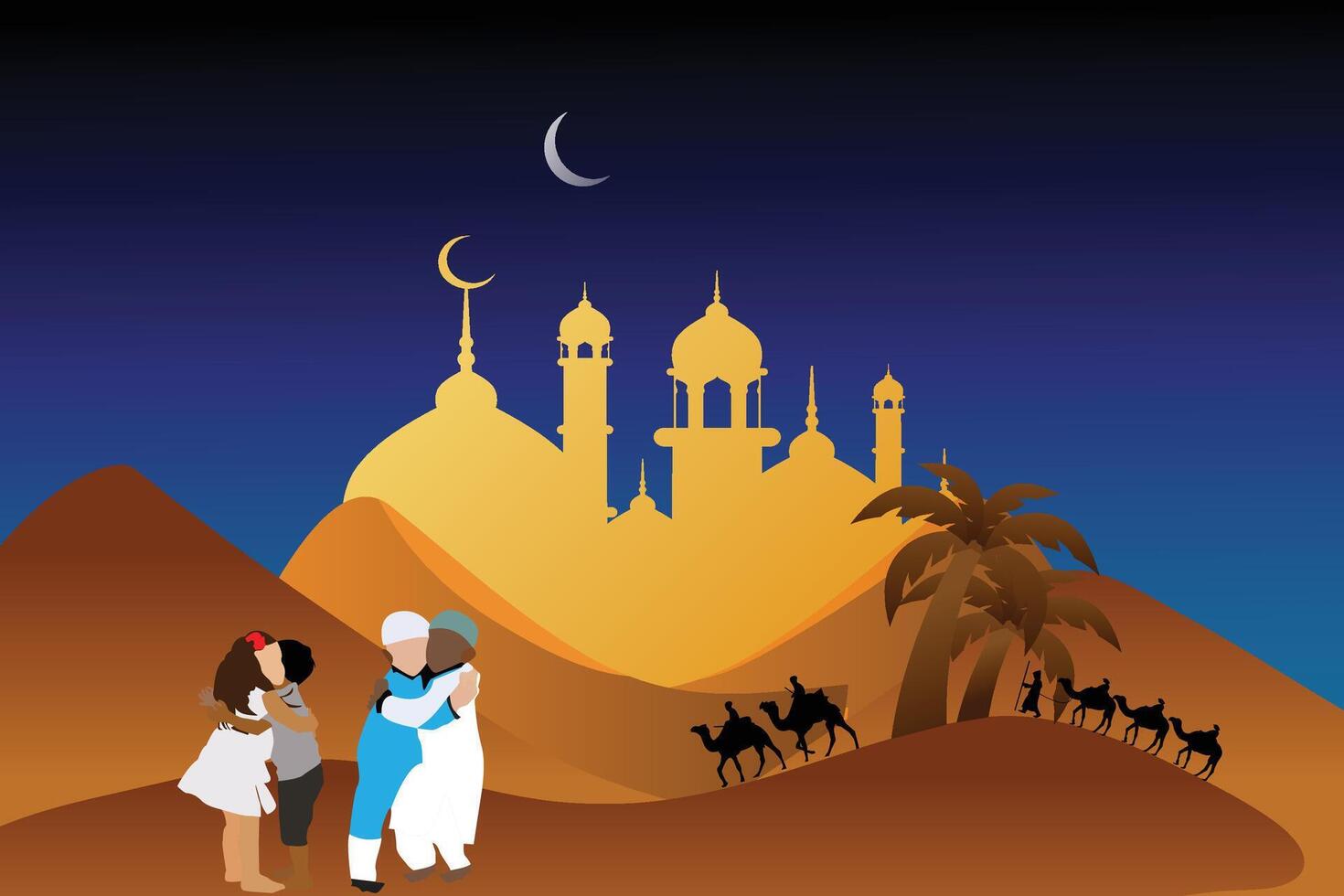 Ramadan kareem background with mosque moon and people on camel at night vector