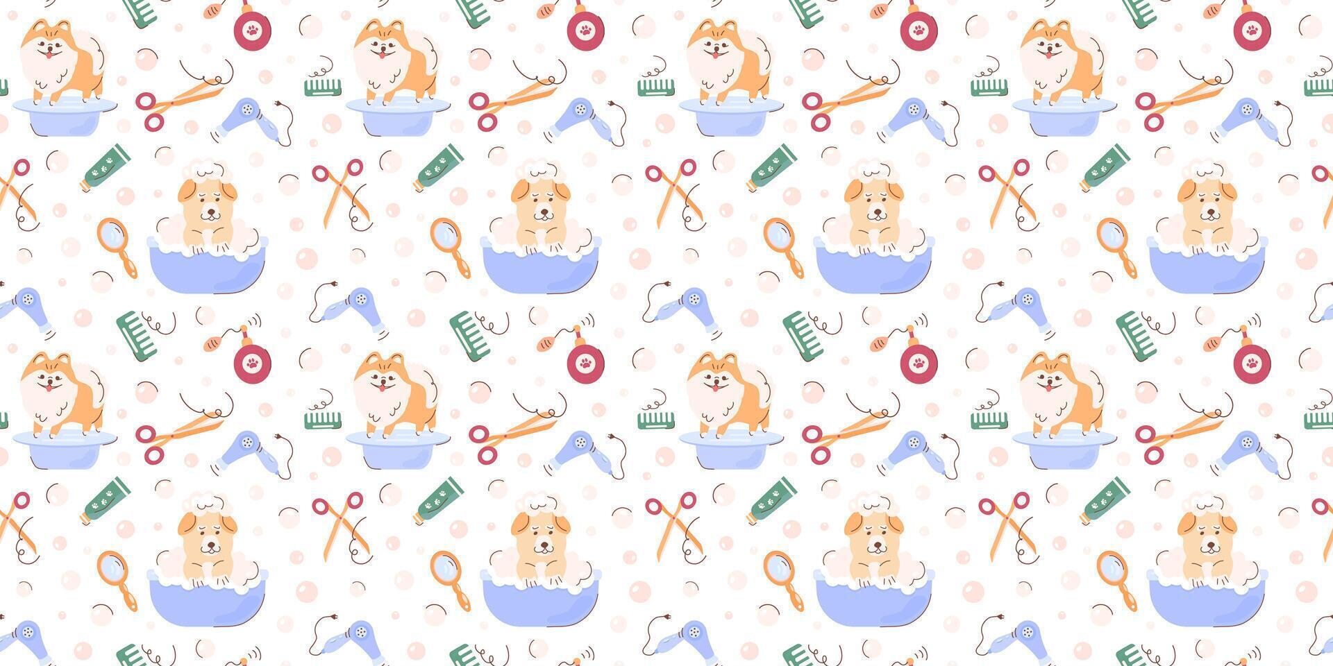 Cute seamless pattern with dogs in the bathtub, foam, soap bubbles, pet beauty salon concept, cosmetic accessories for dogs. Background for a pet grooming salon. Packaging, textiles, animal clothing. vector