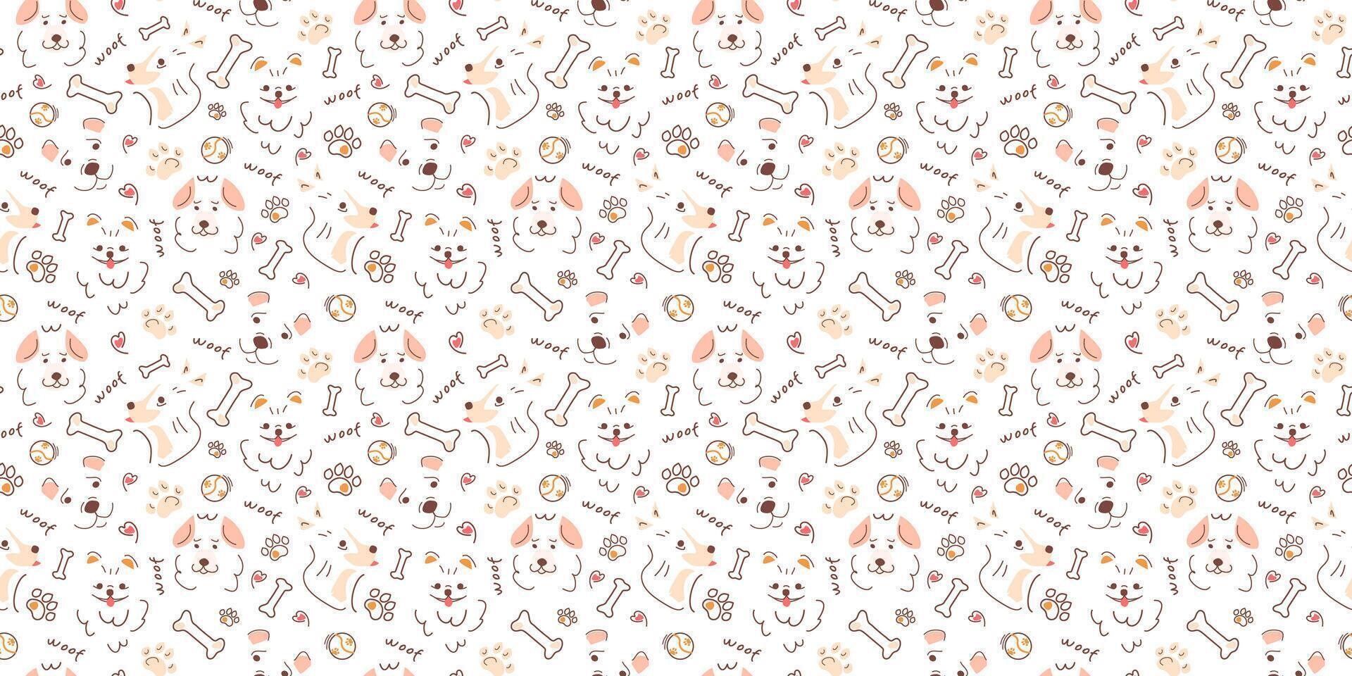 Seamless pattern with dogs, pet food, inscriptions. illustration in doodle style, hand-drawn silhouettes. Contour print for textiles, packaging, and pet products. vector
