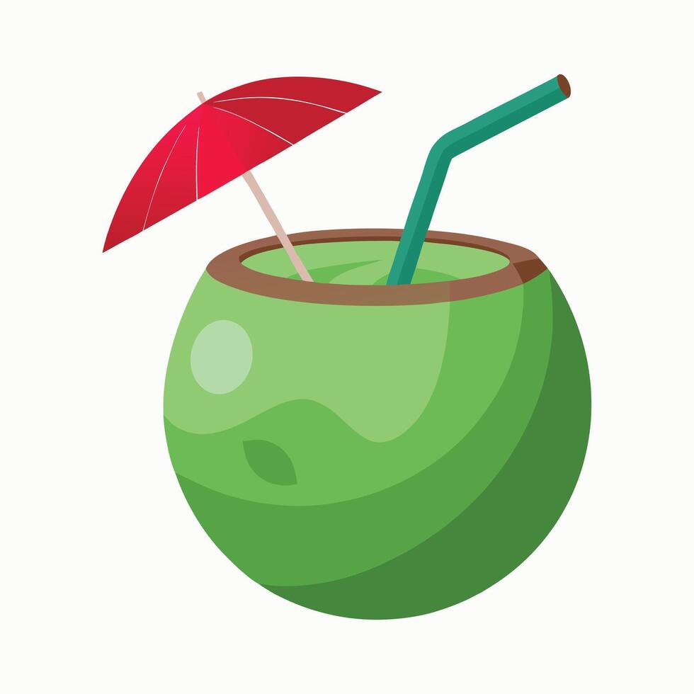 Green coconut drink with umbrella and straw on beach vector