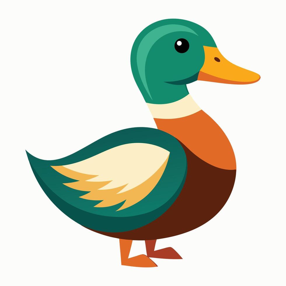 Cartoon duck with green head and orange feet on white vector