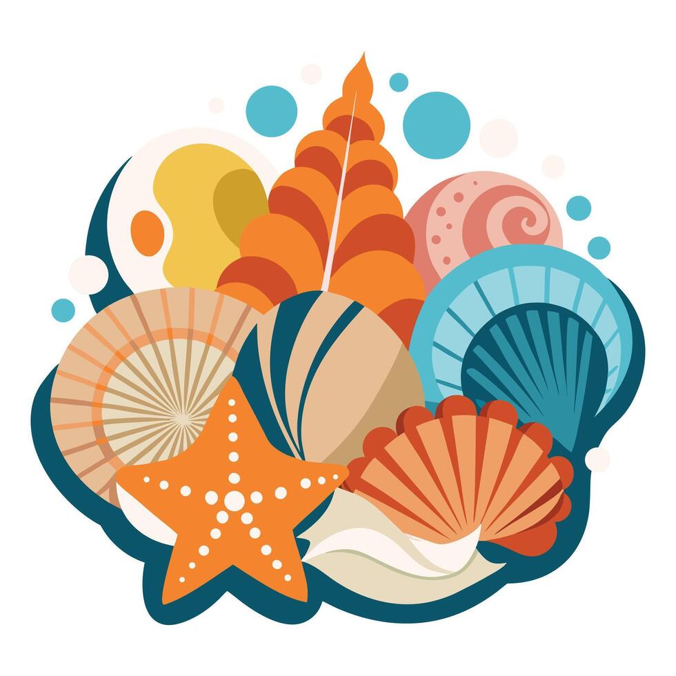 Colorful collection of sea shells for beach, summer, and ocean themes vector
