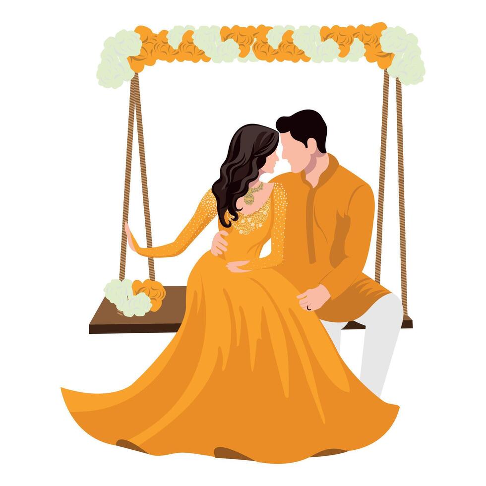 indian wedding couple on swing illustration for mehndi and haldi ceremony vector