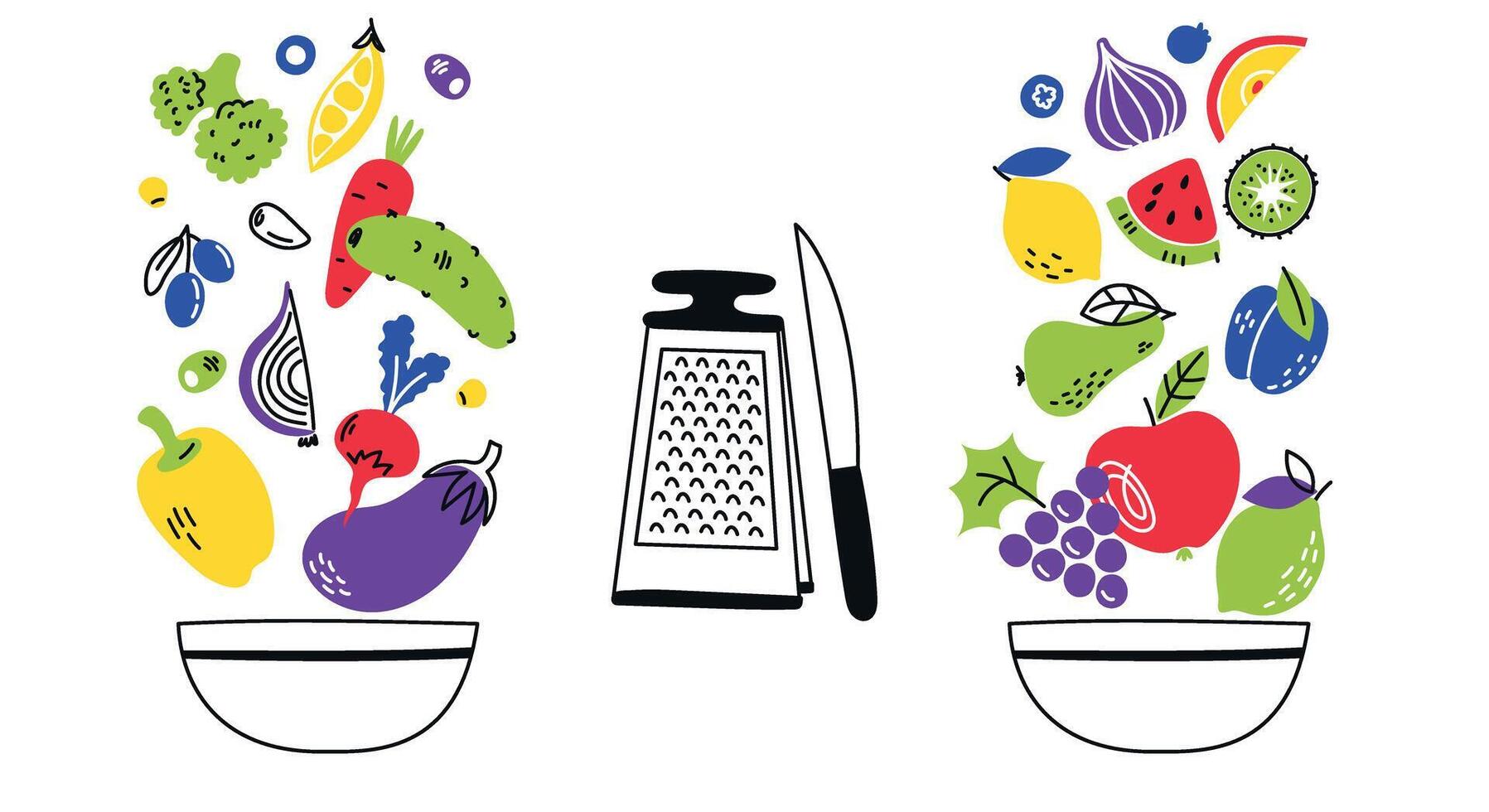 Healthy food banner. Fruits, vegetables, salad, cutting. Vegetarian diet. doodle illustration vector