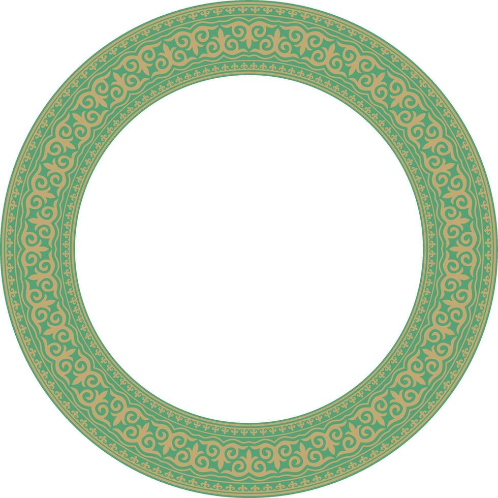 gold with green round Kazakh national ornament. Ethnic pattern of the peoples of the Great Steppe, vector