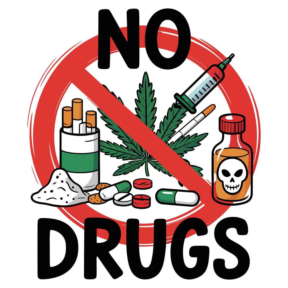 No drugs sign with marijuana, pills and other drugs vector