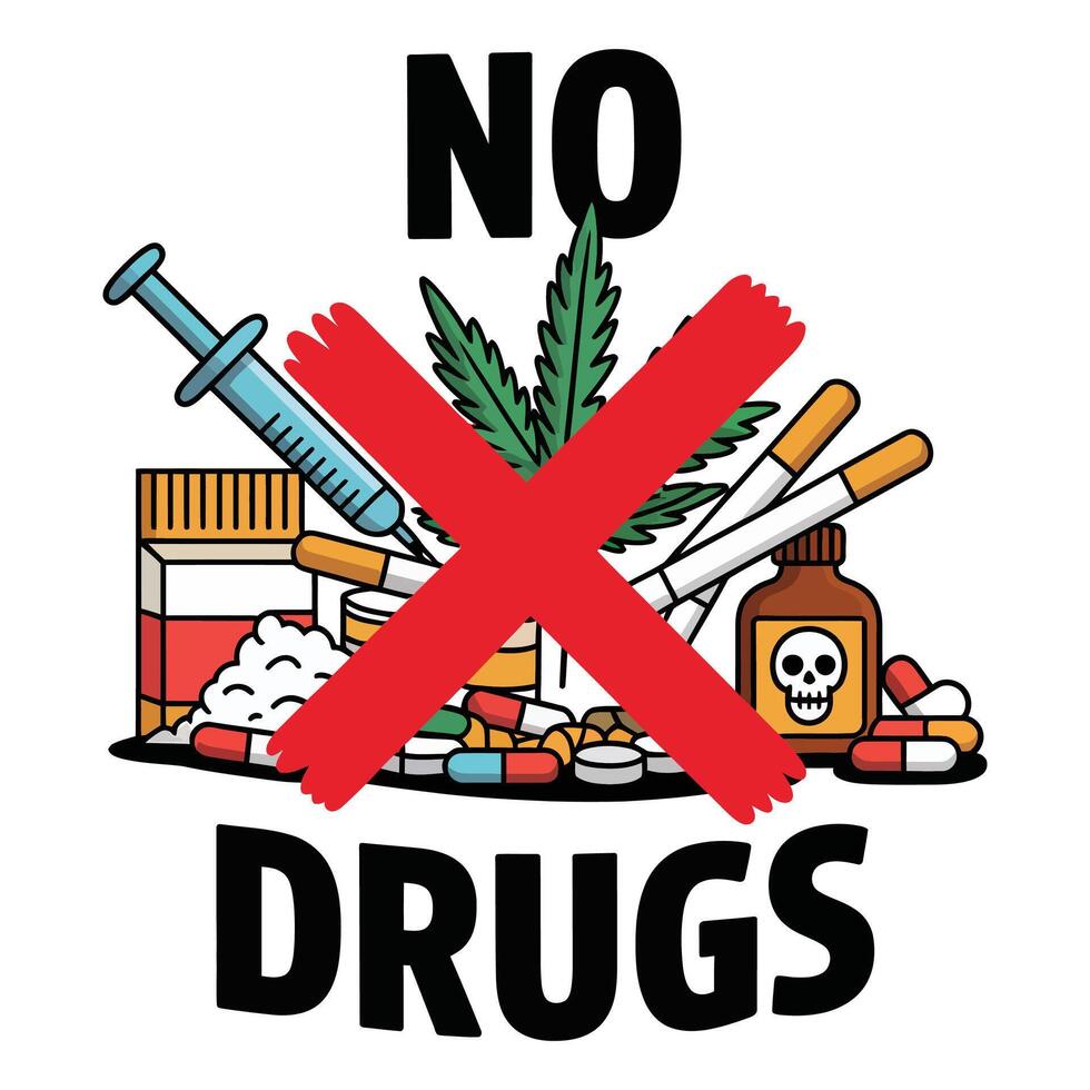 No drugs sign with pills, cigarettes and other drugs vector