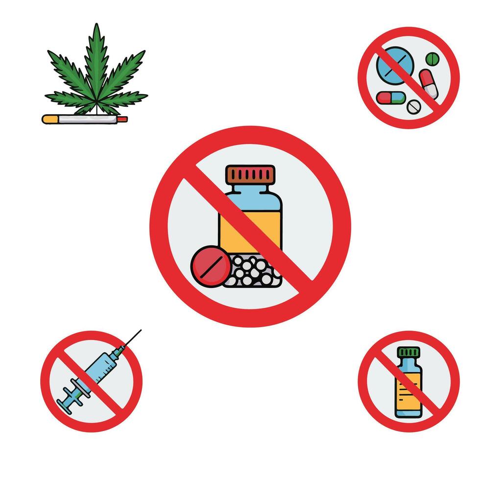 A set of four different icons that show marijuana, pills, and other drugs vector