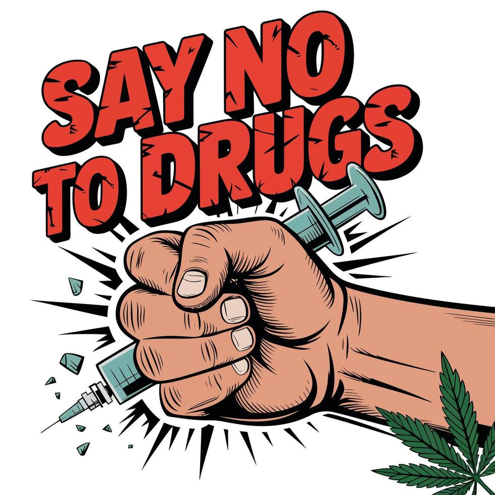 A cartoon hand holding a syringe and saying say no to drugs vector
