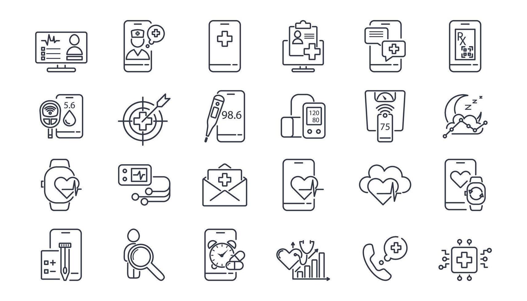 Icon set for health and medical care in digital line style. Includes smart glucometer, thermometer, sleep tracker, scales for mobile monitoring and remote diagnostics. vector