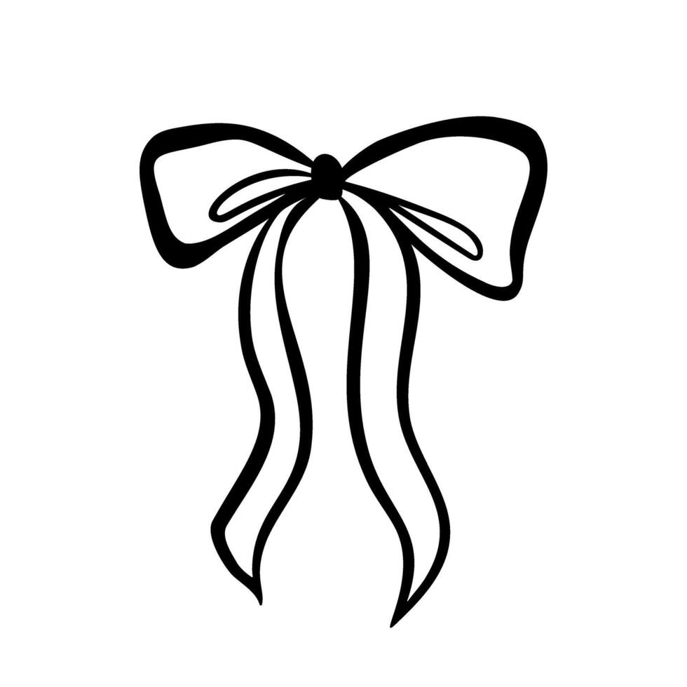 Hand drawn trendy bow made of wide ribbon with wavy ends. Wedding celebration, holiday, party decoration, gift, birthday concept. Coquette Aesthetic style. Elegant illustration. vector