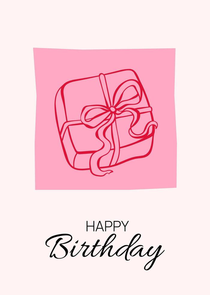 Happy birthday greeting postcard. Doodle birthday gift with bows on pink background. Trendy card in coquette aesthetic style. outline illustration. vector