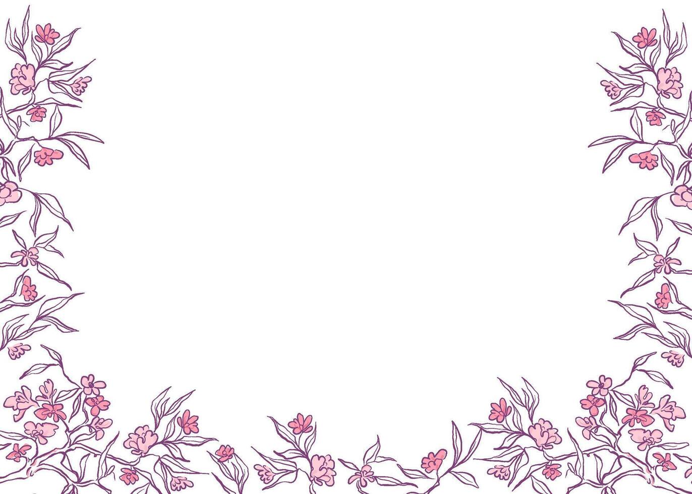 Hand drawn Japanese Sakura frame. Beautiful Cherry blossom in doodle style. Spring flower background. outline illustration. vector