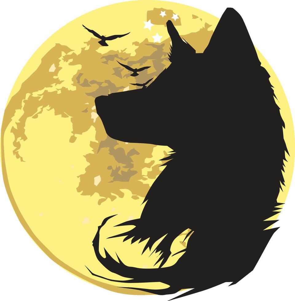 Moon Wolf Illustration, Cartoon Clipart, and Line Art Design vector