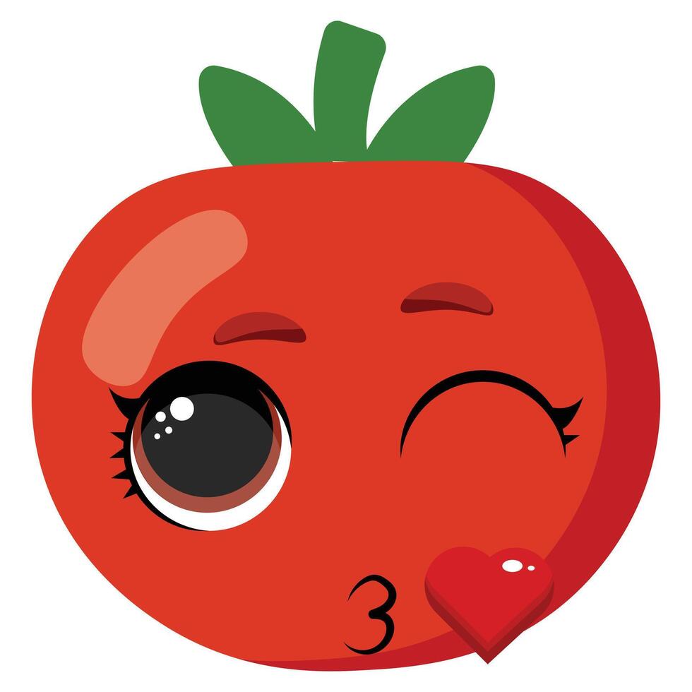 Cute tomato character winking and blowing a kiss with a red heart, perfect for kids designs, food packaging, greeting cards, and fun playful illustrations vector