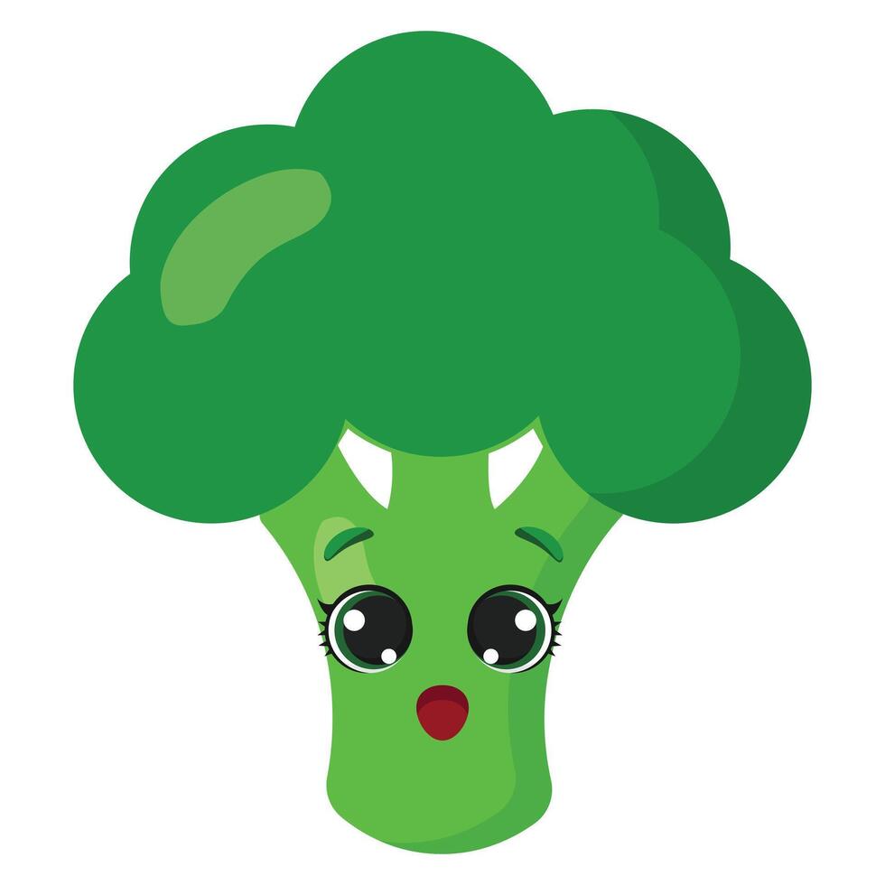 Funny broccoli character with surprised face expression, big shiny eyes and open mouth isolated on white background, ideal for healthy food designs and playful concepts vector