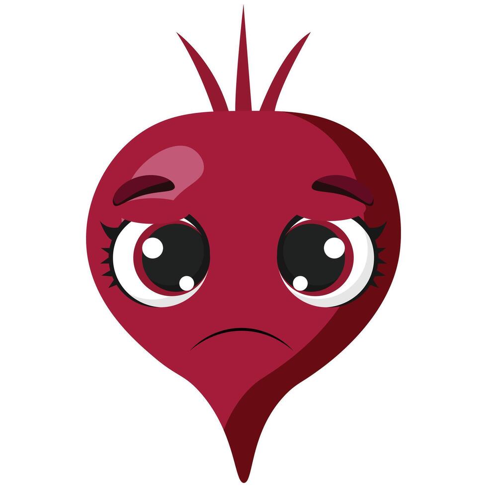 Sad beetroot character with big eyes and emotional expression Great for food labels, eco packaging, farm branding, recipe graphics, and vegetable-themed designs vector