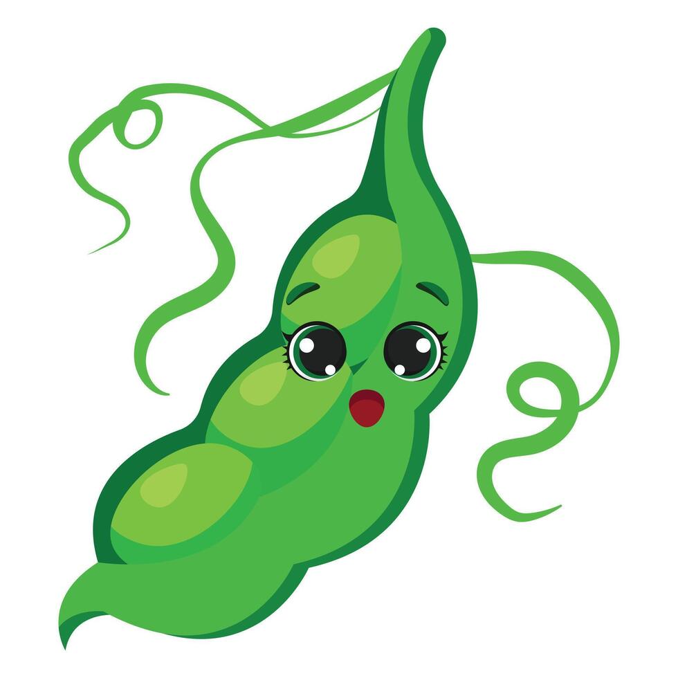 Surprised green pea pod with cute wide eyes and open mouth Perfect for food education, plant-based themes, garden visuals, and healthy lifestyle projects vector