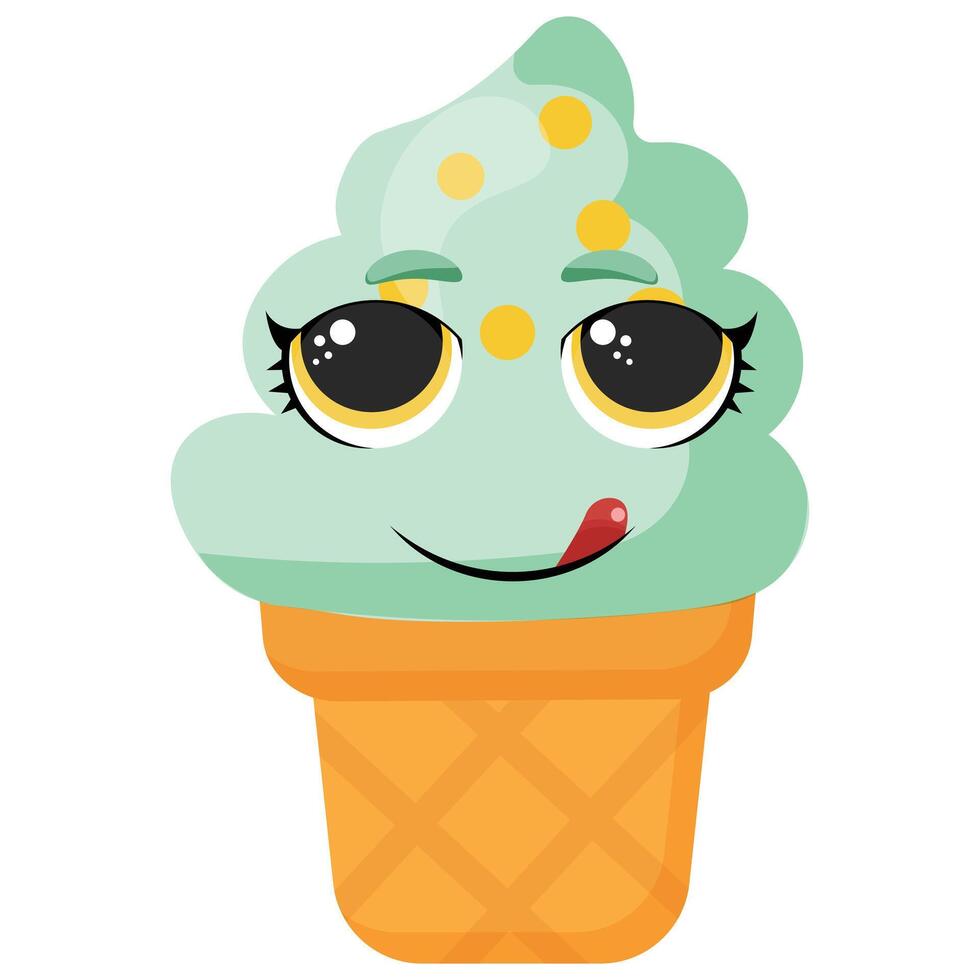 Mint ice cream in cone with cute face licking lips Playful dessert illustration great for packaging, menu decoration, and creative summer projects vector