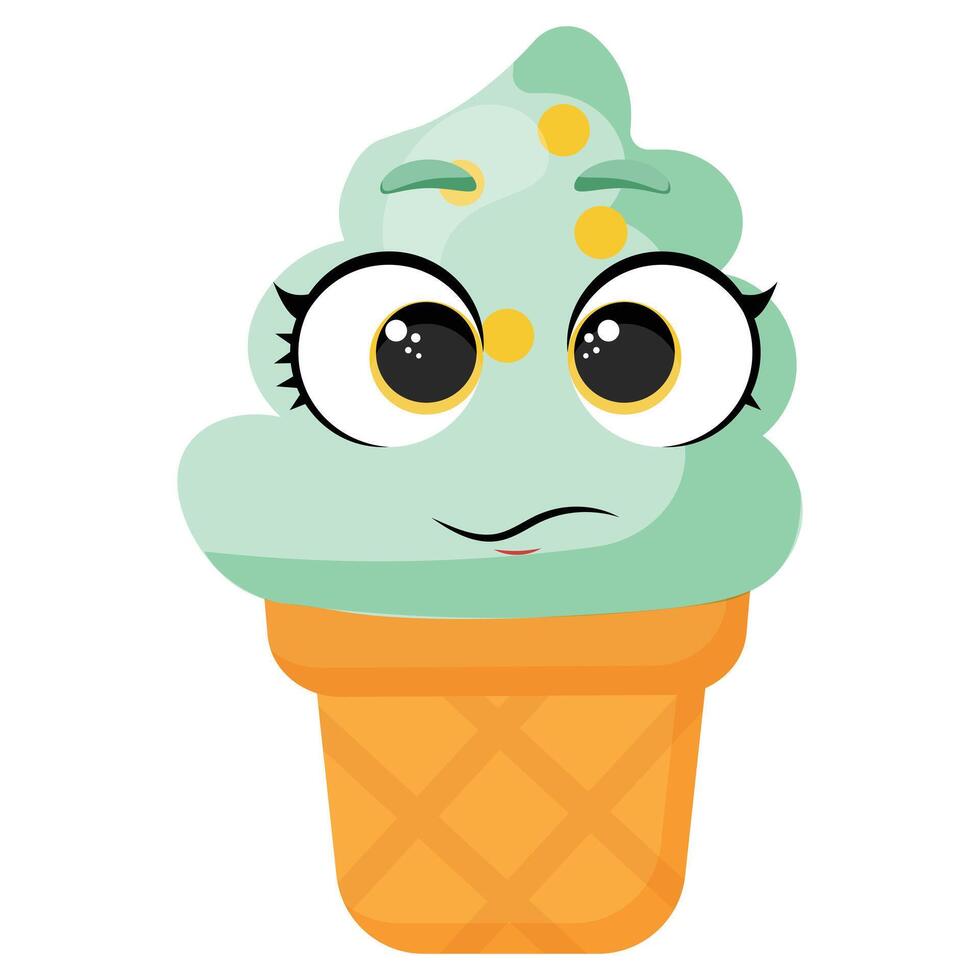 Mint ice cream cone with funny face expression Colorful and cute dessert illustration perfect for summer food packaging, menu design, and creative projects vector