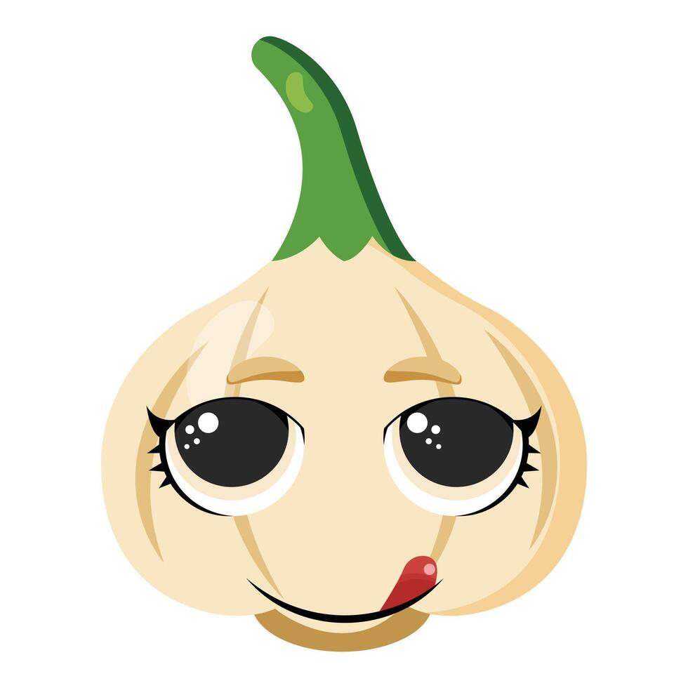 Playful garlic character with big shiny eyes and a mischievous tongue out expression Great for food packaging, cooking blogs, healthy lifestyle visuals, and fun recipe designs vector