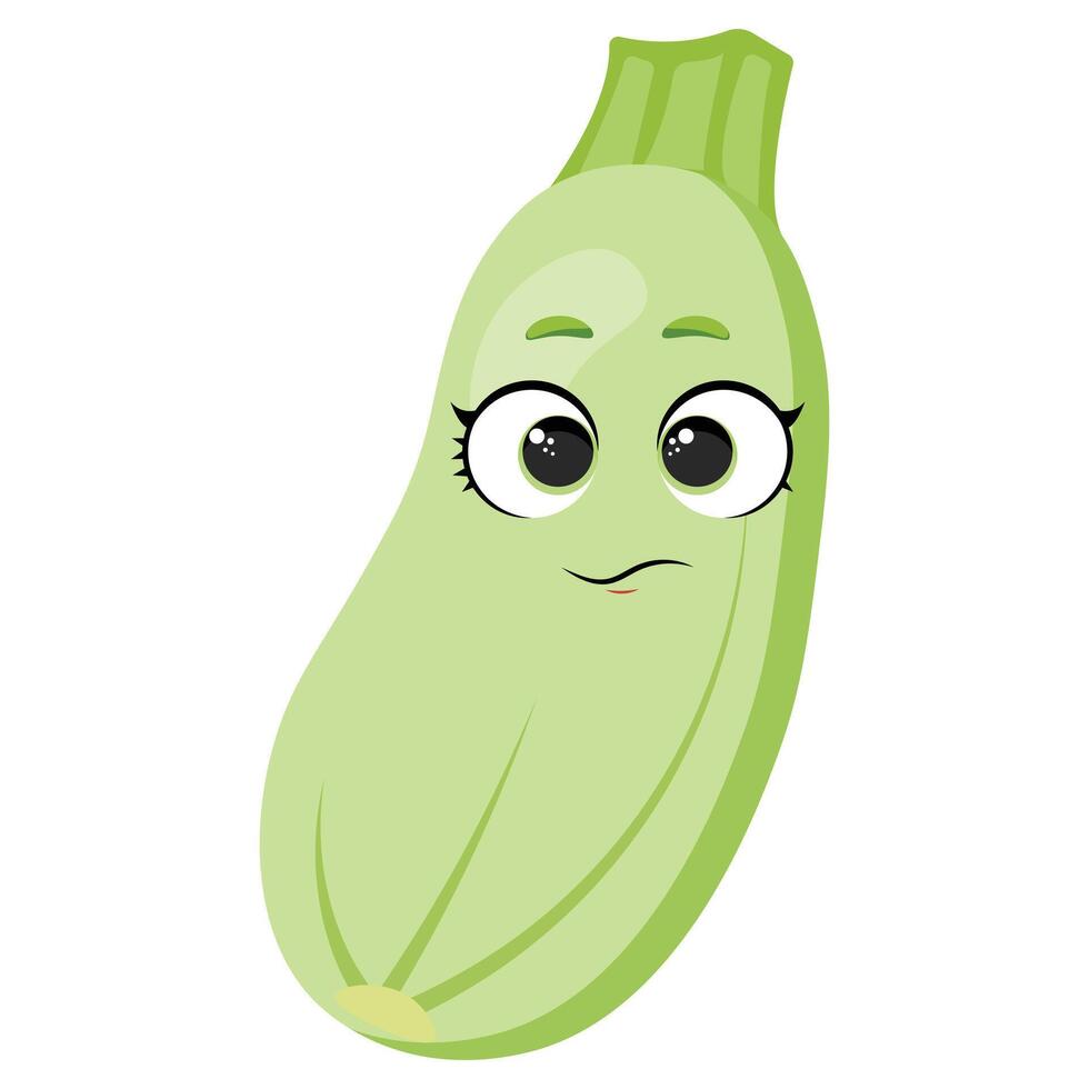 Funny zucchini with a shy facial expression Perfect for plant-based food content, healthy lifestyle visuals, gardening, and summer-themed creative projects vector