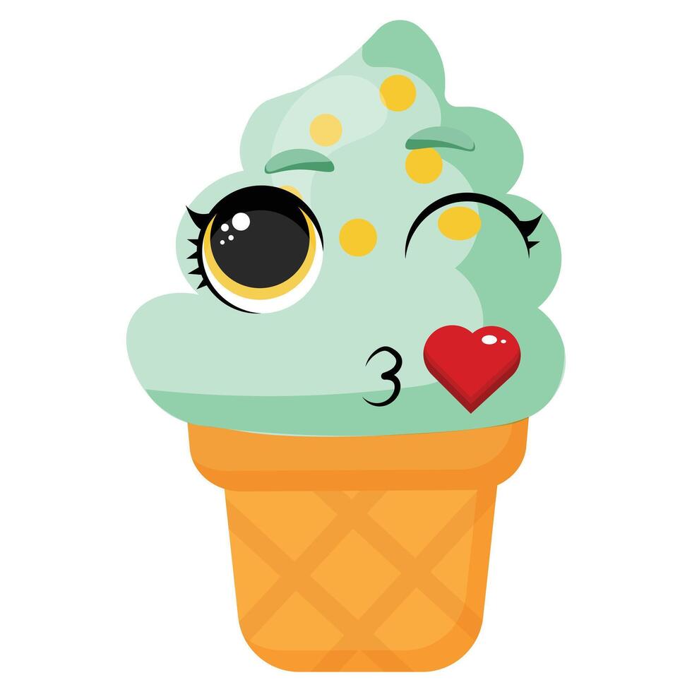 Cute mint ice cream cone with expressive eyes and kiss mark Adorable sweet dessert illustration for summer themes, packaging, and fun design projects vector
