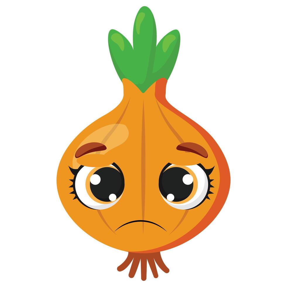 Cute onion with big sad eyes and expressive face isolated on white background Great for food-themed designs, healthy lifestyle materials or emotional character concepts vector