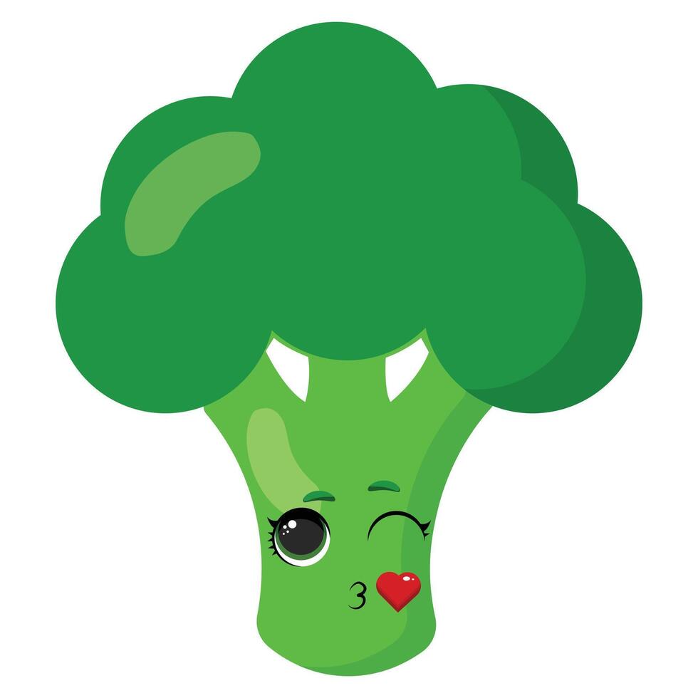 Smiling broccoli sending a kiss with a heart Perfect for healthy food designs, recipe ideas, kids menu elements and nutrition-themed projects vector