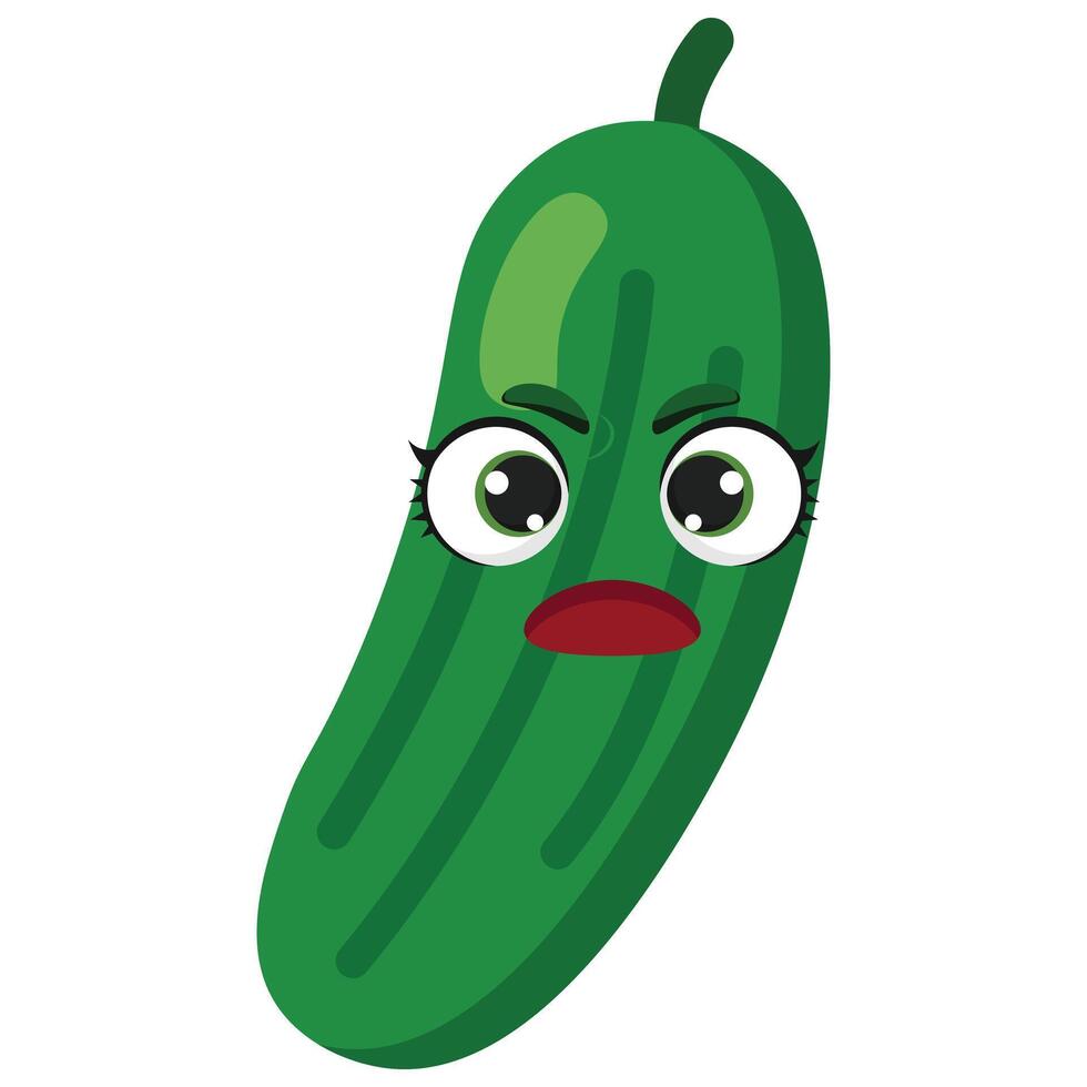 Surprised green cucumber with expressive eyes, great for food-themed designs, educational materials, or playful illustrations promoting vegetables vector