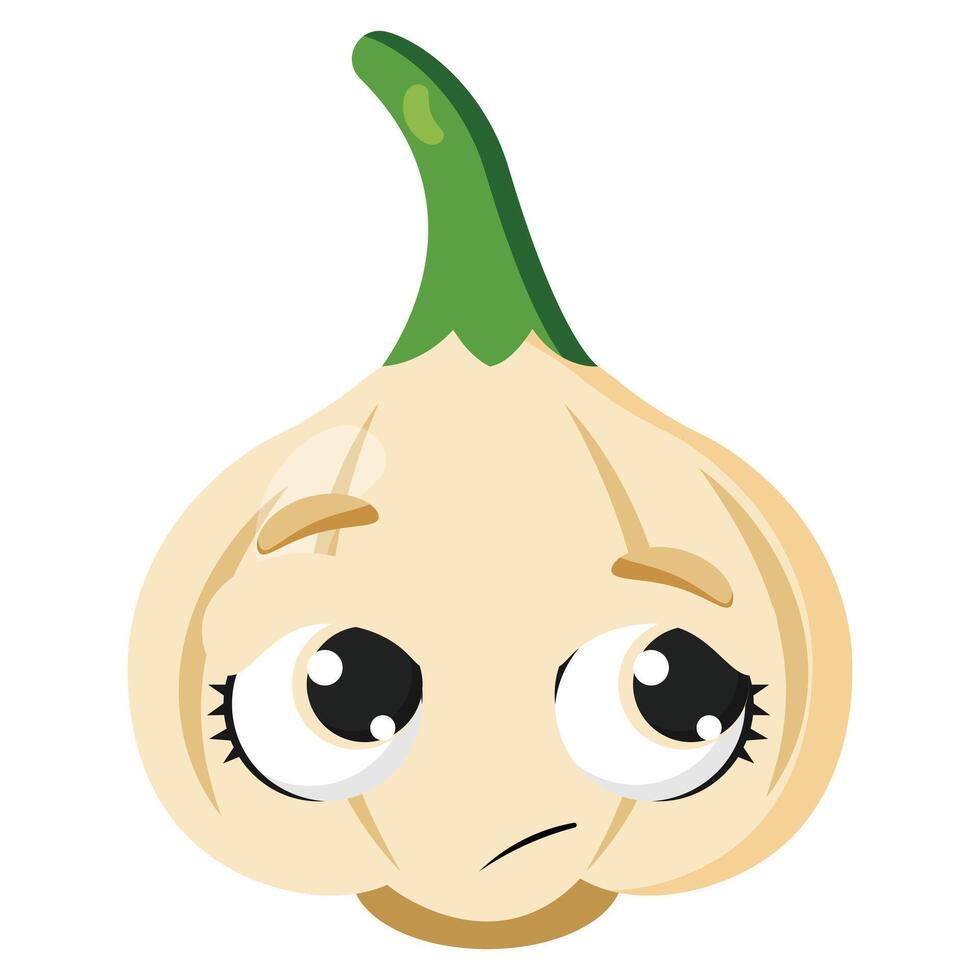 Cute garlic character with sad eyes and expressive face Great for healthy eating campaigns, grocery store visuals, food education, and fun vegetable-themed projects vector
