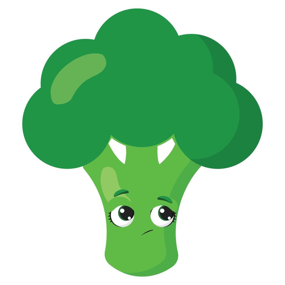 Cute green broccoli with sad face expression Great for healthy food designs, nutrition projects, cooking materials, and educational graphics about vegetables vector