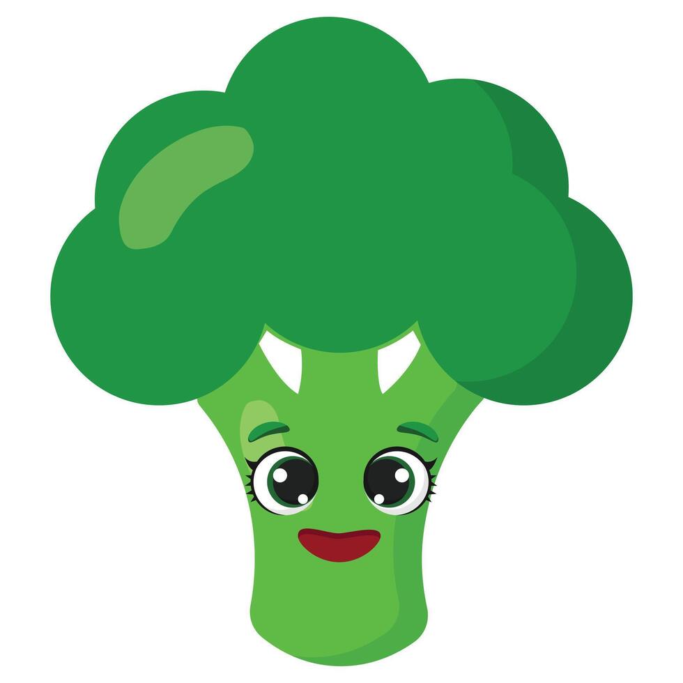 Smiling green broccoli with big eyes and happy expression, ideal for healthy food content, kids materials, and educational visuals about vegetables and nutrition vector