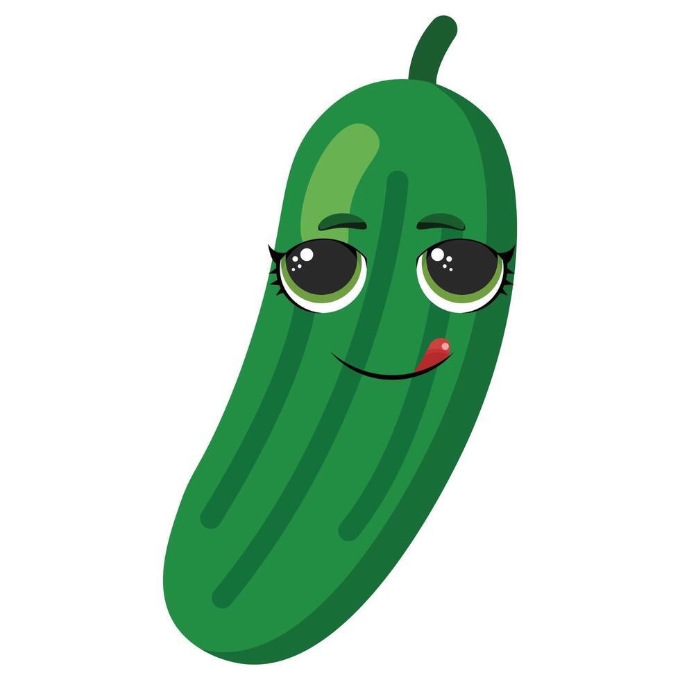 Green cucumber character with cute face and licking expression, ideal for food design, gardening visuals, kids materials, or healthy lifestyle illustrations vector
