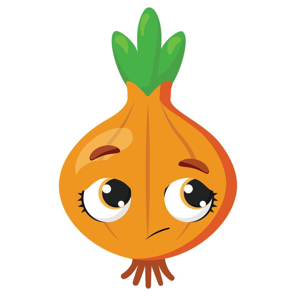 Sad onion with expressive eyes and a downturned face, perfect for illustrating emotions, food characters, or educational materials for children vector