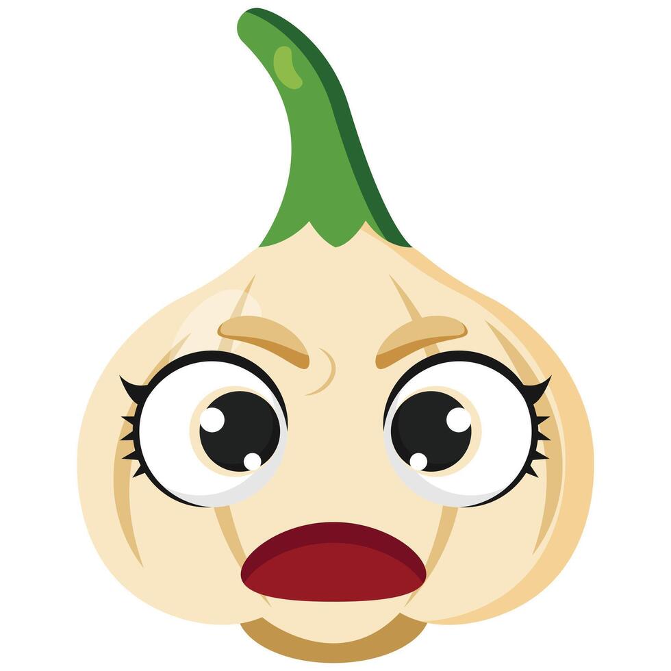 Funny garlic head with shocked face expression and wide eyes Ideal for food content, veggie characters, menus, packaging, and creative cooking-related designs vector