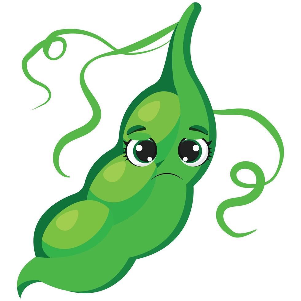 Sad green pea pod character with expressive eyes and droopy face Ideal for healthy eating projects, garden themes, plant-based visuals, and educational food content vector