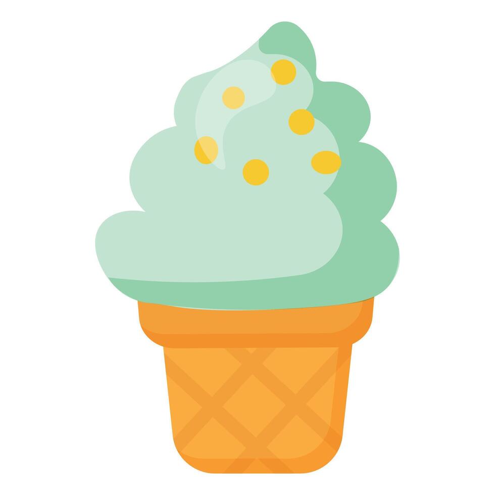 Minimal flat illustration of mint ice cream cone with yellow sprinkles Perfect for summer designs, food packaging, and fun dessert-themed projects vector