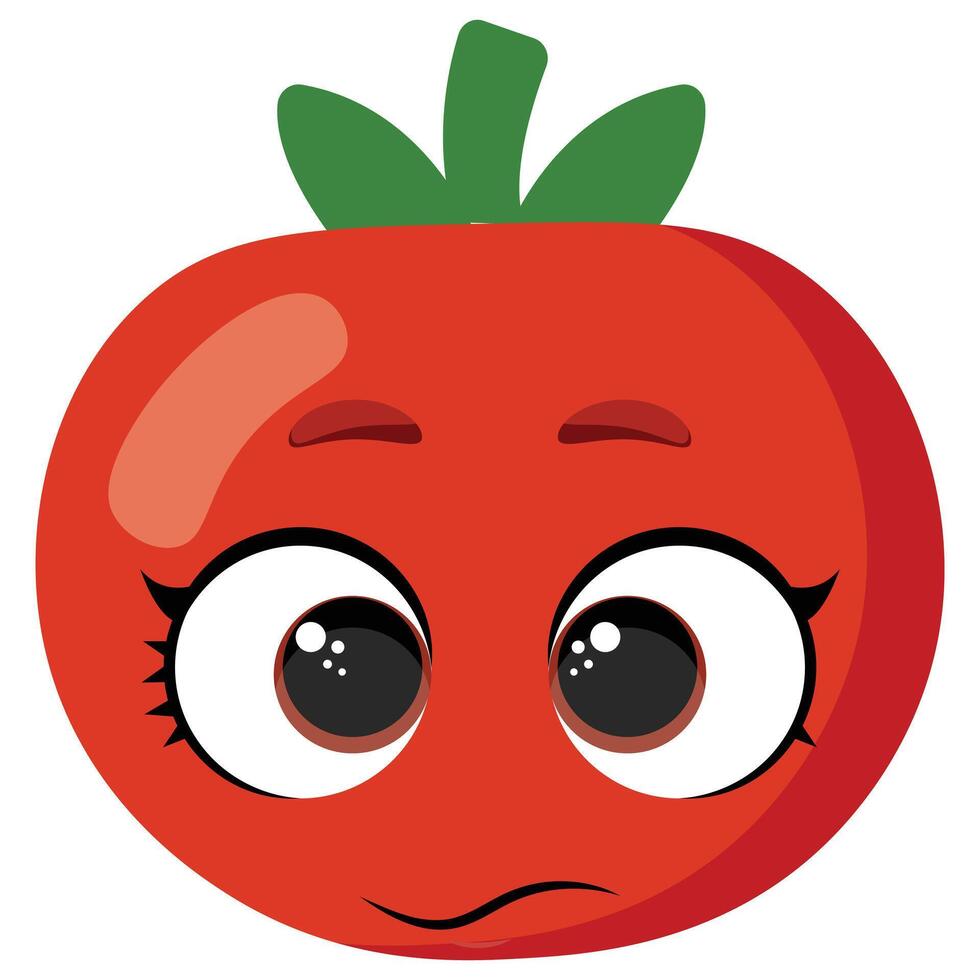 Cute tomato illustration with big eyes and emotional expression, perfect for food-related projects, kids' materials, healthy eating campaigns, and gardening content vector