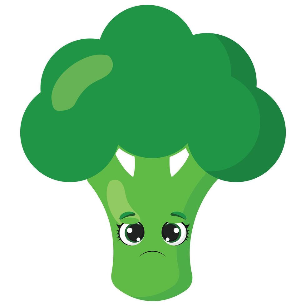 Sad broccoli character with cute eyes Green vegetable illustration ideal for healthy eating concepts, food blogs, nutrition education, and grocery-related content vector